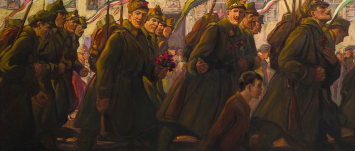 Malerei mit Soldaten, die in den Ersten Weltkrieg ziehen.