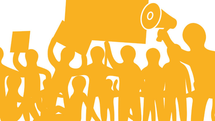 Eine Illustration mit verschiedenen Figuren in orange, die protestieren und Transparente, Tafeln und ein Megaphon in ihren Händen halten.