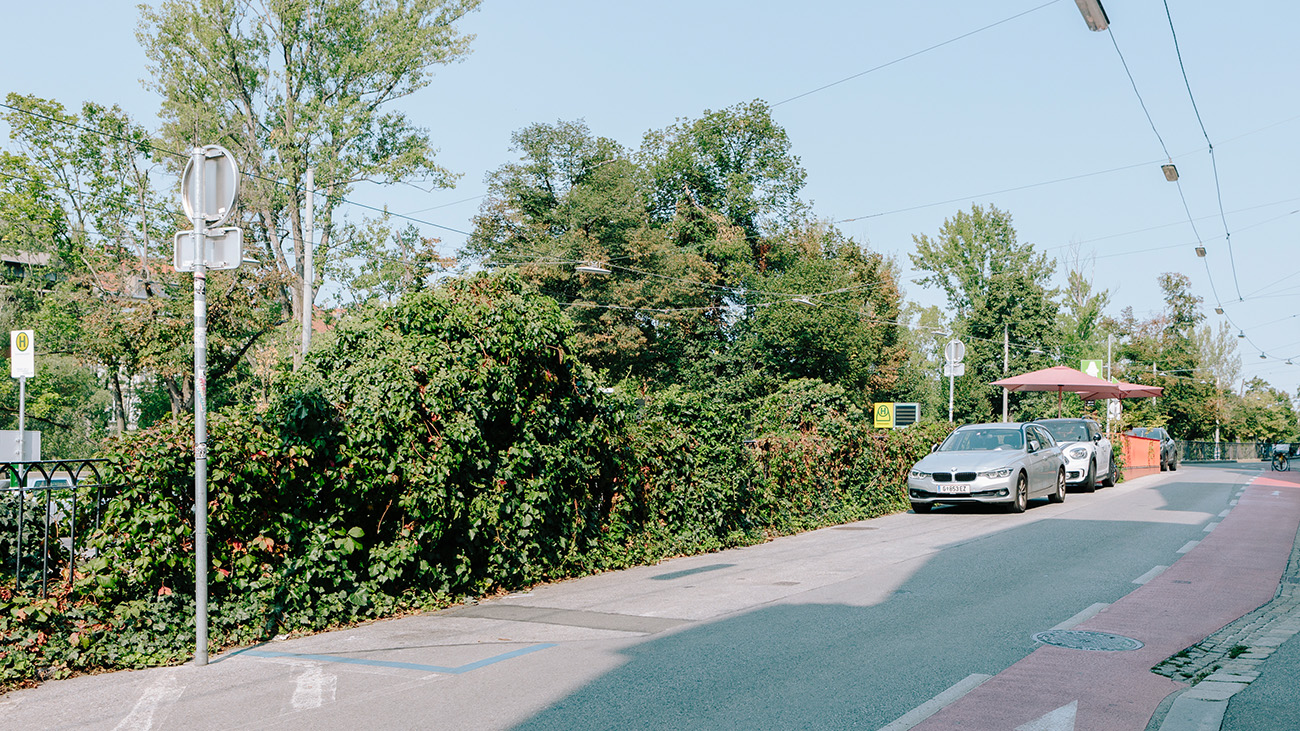 Am Kaiser-Franz-Josef Kai sind zwei Autos hintereinander auf dem barrierefreien Stellplatz geparkt. Dahinter befindet sich ein kleiner Gastgarten.